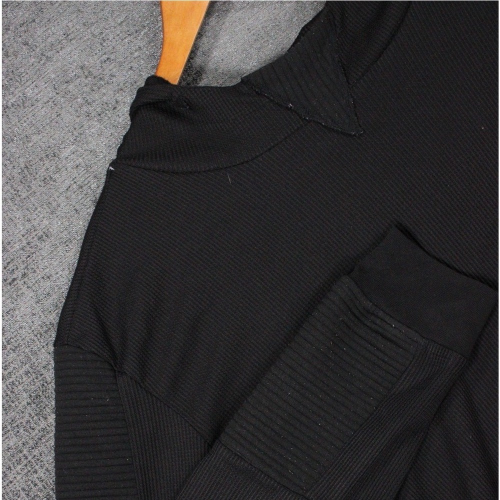 Amongst Others Mens Black Waffle Knit Thermal Hoodie Curved Hem Moto Detail L